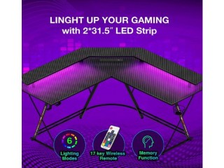 Gaming Desk 50.4” with LED Strip & Power Outlets, L-Shaped Computer Corner Desk Carbon Fiber Surface with Monitor Stand, Ergonomic Gamer